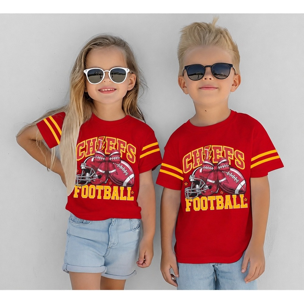 Chiefs Football T-Shirt Kids Size 150 Age 8-10 Red Striped Sleeve Graphic Tee